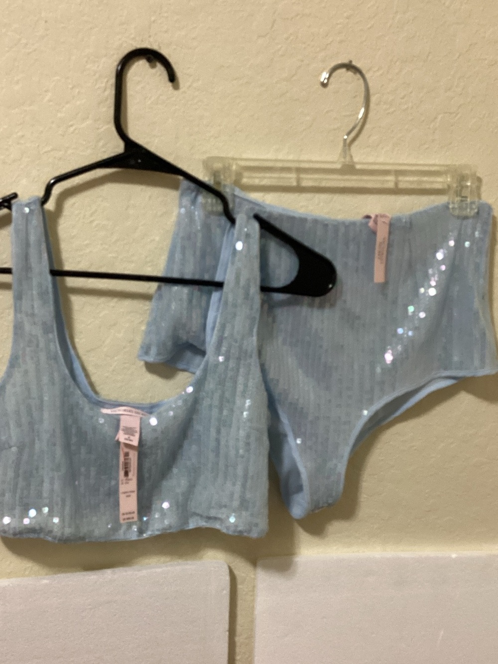 Victoria's Secret Light Blue Sequin Bralette & High-Waist Briefs
